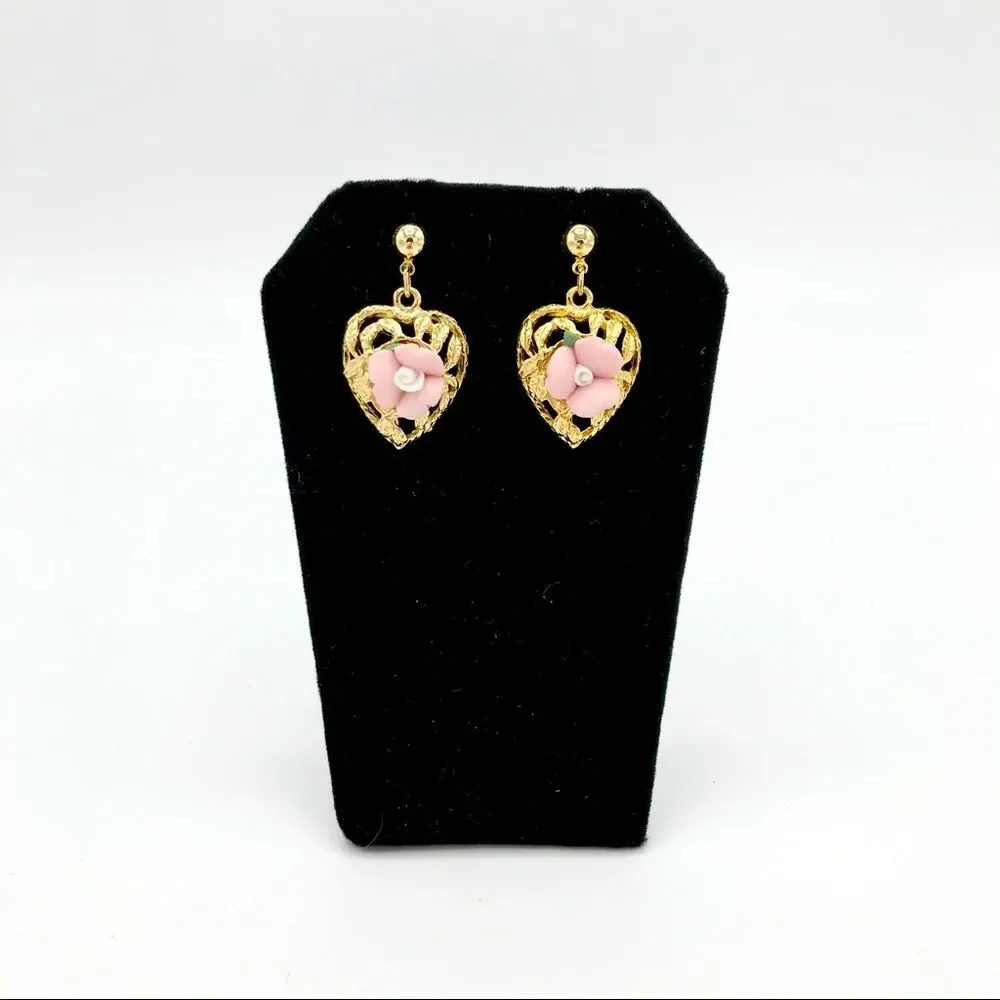 Pink Mini Rose Rosette Flower Gold Tone Small Dangle Earrings